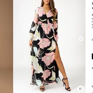 NWT LULU'S Wondrous Water Lilies Black Floral Print Chiffon Flowy Maxi Dress S
